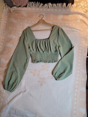 ROMWE Sage Green Smocked Square-Neck Crop Top